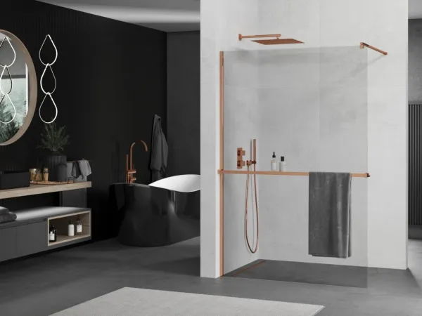 MEXEN/S - Kioto+ Sprchová zástena WALK-IN s poličkou a držiakom uterákov 105 x 200, transparent, ružové zlato 800-105-121-60-00