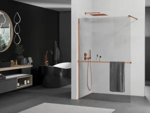 MEXEN/S - Kioto+ Sprchová zástena WALK-IN s poličkou a držiakom uterákov 105 x 200, transparent, ružové zlato 800-105-121-60-00
