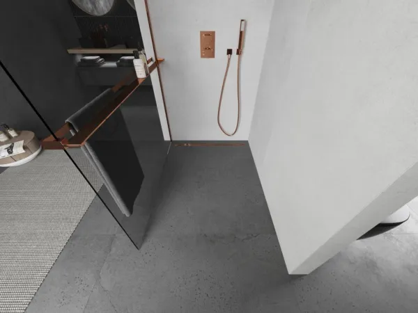 MEXEN/S - Kioto+ Sprchová zástena WALK-IN s poličkou a držiakom uterákov 105 x 200, transparent, ružové zlato 800-105-121-60-00