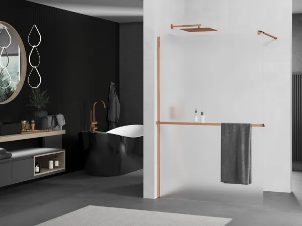 MEXEN/S - KIOTO Sprchová zástena WALK-IN s poličkou a držiakom uterákov 100 x 200, matné sklo 8 mm, růžové zlato 800-100-121-60-30