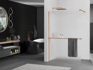 MEXEN/S - KIOTO Sprchová zástena WALK-IN s poličkou a držiakom uterákov 100 x 200, matné sklo 8 mm, růžové zlato 800-100-121-60-30