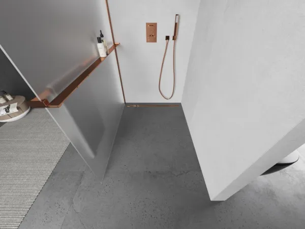 MEXEN/S - KIOTO Sprchová zástena WALK-IN s poličkou a držiakom uterákov 100 x 200, matné sklo 8 mm, růžové zlato 800-100-121-60-30