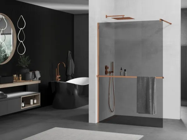 MEXEN/S - KIOTO Sprchová zástena WALK-IN s poličkou a držiakom uterákov 90 x 200, grafit 8 mm, ružové zlato 800-090-121-60-40