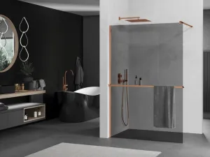 MEXEN/S - KIOTO Sprchová zástena WALK-IN s poličkou a držiakom uterákov 90 x 200, grafit 8 mm, ružové zlato 800-090-121-60-40