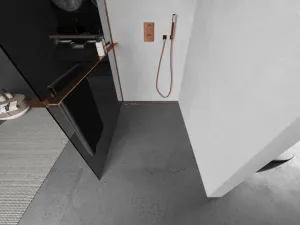 MEXEN/S - KIOTO Sprchová zástena WALK-IN s poličkou a držiakom uterákov 90 x 200, grafit 8 mm, ružové zlato 800-090-121-60-40