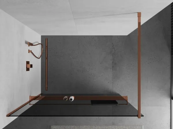 MEXEN/S - KIOTO Sprchová zástena WALK-IN s poličkou a držiakom uterákov 90 x 200, grafit 8 mm, ružové zlato 800-090-121-60-40