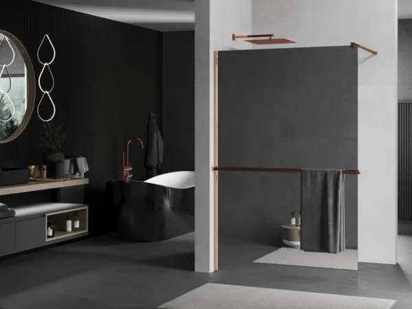 MEXEN/S - KIOTO Sprchová zástena WALK-IN s poličkou a držiakom uterákov 120 x 200, zrkadlové 8 mm, ružové zlato 800-120-121-60-50
