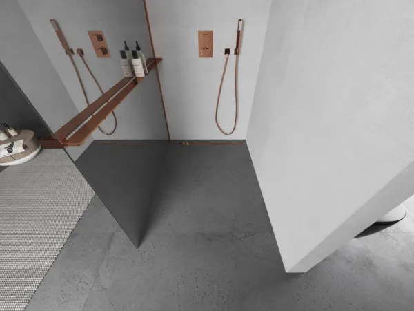 MEXEN/S - KIOTO Sprchová zástena WALK-IN s poličkou a držiakom uterákov 90 x 200, zrkadlové 8 mm, ružové zlato 800-090-121-60-50