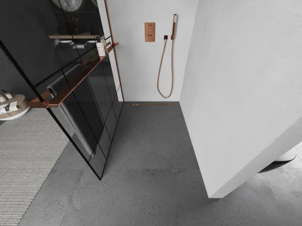 MEXEN/S - KIOTO Sprchová zástena WALK-IN s poličkou a držiakom uterákov 70 x 200, transparent/čierna 8 mm, ružové zlato 800-070-121-60-78