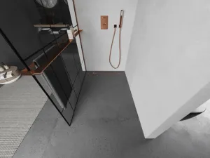 MEXEN/S - KIOTO Sprchová zástena WALK-IN s poličkou a držiakom uterákov 70 x 200, transparent/čierna 8 mm, ružové zlato 800-070-121-60-78