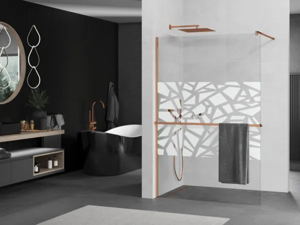 MEXEN/S - KIOTO Sprchová zástena WALK-IN s poličkou a držiakom uterákov 80 x 200, transparent/biely dekor 8 mm, růžové zlato 800-080-121-60-85