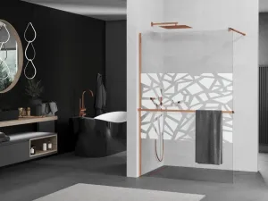 MEXEN/S - KIOTO Sprchová zástena WALK-IN s poličkou a držiakom uterákov 80 x 200, transparent/biely dekor 8 mm, růžové zlato 800-080-121-60-85