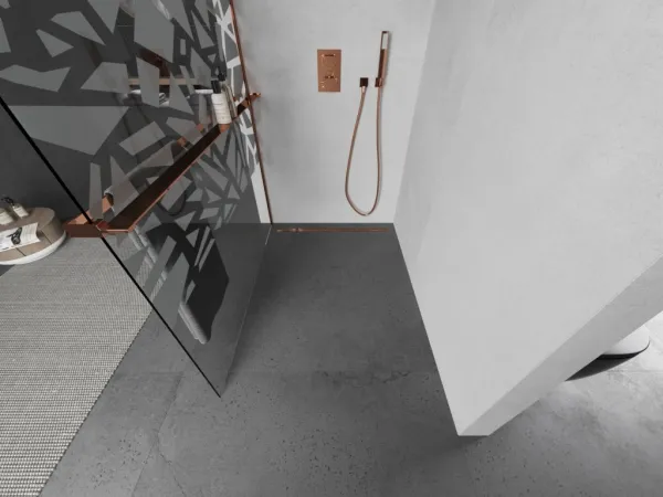 MEXEN/S - KIOTO Sprchová zástena WALK-IN s poličkou a držiakom uterákov 80 x 200, transparent/biely dekor 8 mm, růžové zlato 800-080-121-60-85