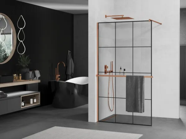MEXEN/S - KIOTO Sprchová zástena WALK-IN s poličkou a držiakom uterákov 120 x 200, transparent/čierna 8 mm ružové zlato 800-120-121-60-77