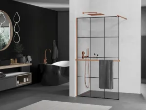 MEXEN/S - KIOTO Sprchová zástena WALK-IN s poličkou a držiakom uterákov 120 x 200, transparent/čierna 8 mm ružové zlato 800-120-121-60-77