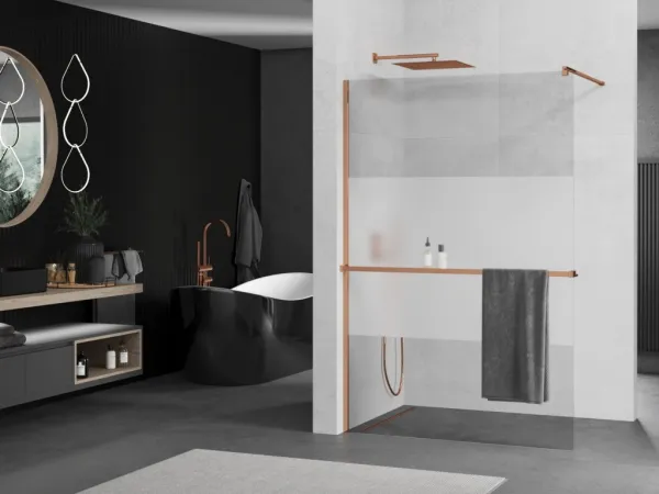 MEXEN/S - KIOTO Sprchová zástena WALK-IN s poličkou a držiakom uterákov 120 x 200, transparent/matné sklo 8 mm, růžové zlato 800-120-121-60-35
