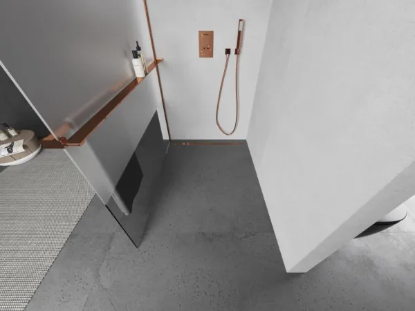 MEXEN/S - KIOTO Sprchová zástena WALK-IN s poličkou a držiakom uterákov 120 x 200, transparent/matné sklo 8 mm, růžové zlato 800-120-121-60-35