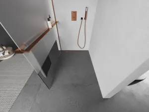 MEXEN/S - KIOTO Sprchová zástena WALK-IN s poličkou a držiakom uterákov 120 x 200, transparent/matné sklo 8 mm, růžové zlato 800-120-121-60-35