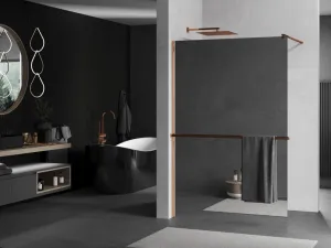 MEXEN/S - KIOTO Sprchová zástena WALK-IN s poličkou a držiakom uterákov 90 x 200, zrkadlové 8 mm, ružové zlato 800-090-121-60-50