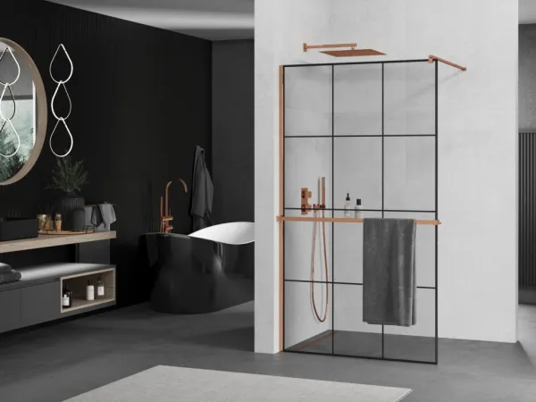 MEXEN/S - KIOTO Sprchová zástena WALK-IN s poličkou a držiakom uterákov 100 x 200, transparent/čierna 8 mm ružové zlato 800-100-121-60-77