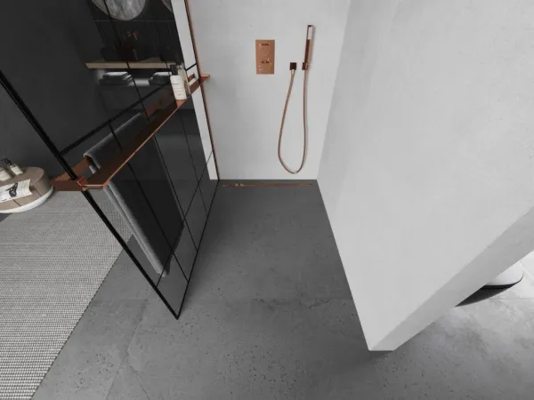 MEXEN/S - KIOTO Sprchová zástena WALK-IN s poličkou a držiakom uterákov 100 x 200, transparent/čierna 8 mm ružové zlato 800-100-121-60-78