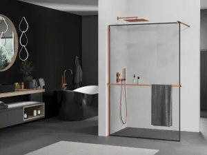 MEXEN/S - KIOTO Sprchová zástena WALK-IN s poličkou a držiakom uterákov 80 x 200, transparent/čierna 8 mm, růžové zlato 800-080-121-60-70