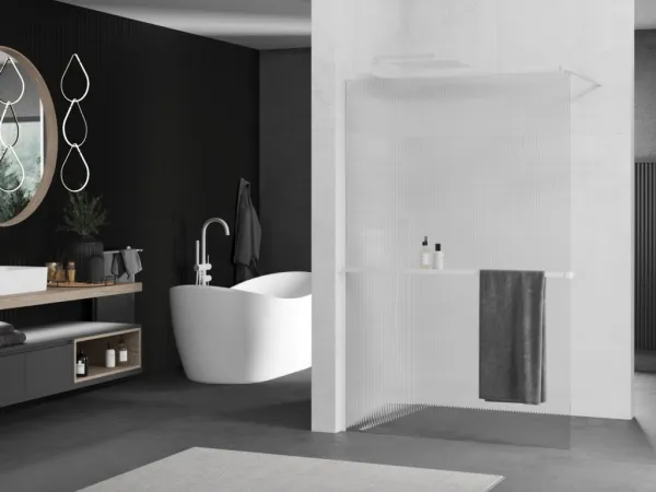 MEXEN/S - Kioto+ Sprchová zástena WALK-IN s poličkou a držiakom uterákov 70 x 200, prúžky, biela 800-070-121-20-09