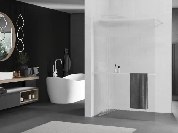 MEXEN/S - Kioto+ Sprchová zástena WALK-IN s poličkou a držiakom uterákov 110 x 200, prúžky, biela 800-110-121-20-09