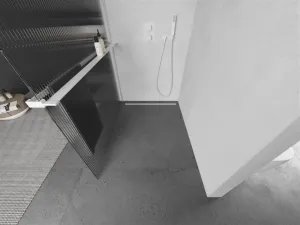 MEXEN/S - Kioto+ L Sprchová zástena WALK-IN s poličkou a držiakom uterákov 110 x 200, prúžky, biela 800-110-123-20-09