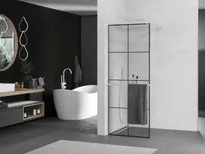 MEXEN/S - Kioto+ Sprchová zástena WALK-IN s poličkou a držiakom uterákov 90 x 200, čierny vzor, biela 800-090-121-20-77