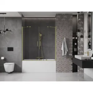 MEXEN/S - Velar Duo Dvojkrídlová posuvná vaňová zástena 150 x 150, transparent, zlatá kartáčovaná 896-150-000-02-55
