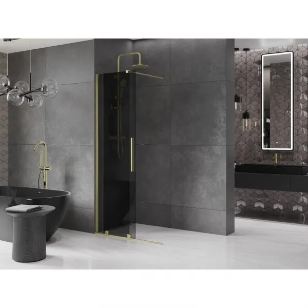 MEXEN/S - Velar Sprchová zástena posuvná Walk-in 80 x 200, grafit 8 mm, zlato kefovaná 871-080-000-43-55