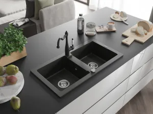 MEXEN/S MEXEN/S - Mario granitový drez 2-bowl vrátane batérie Carla, čierna/zlatá metalik 6504-75-670700-70