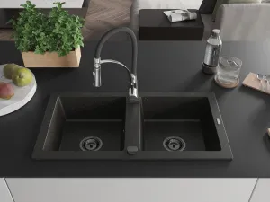 MEXEN/S MEXEN/S - Mario granitový drez 2-bowl vrátane batérie Aster, čierna/zlatá metalik 6504-75-73450-07-B