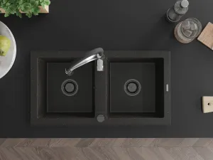 MEXEN/S MEXEN/S - Mario granitový drez 2-bowl vrátane batérie Aster, čierna/zlatá metalik 6504-75-73450-07-B
