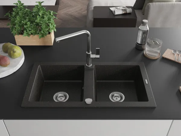 MEXEN/S MEXEN/S - Mario granitový drez 2-bowl vrátane batérie Flora, čierna/zlatá metalik 6504-75-670401-00