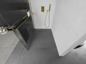 MEXEN/S - Kioto+ L Sprchová zástena WALK-IN s poličkou a držiakom uterákov 110 x 200, prúžky, zlato 800-110-123-50-09