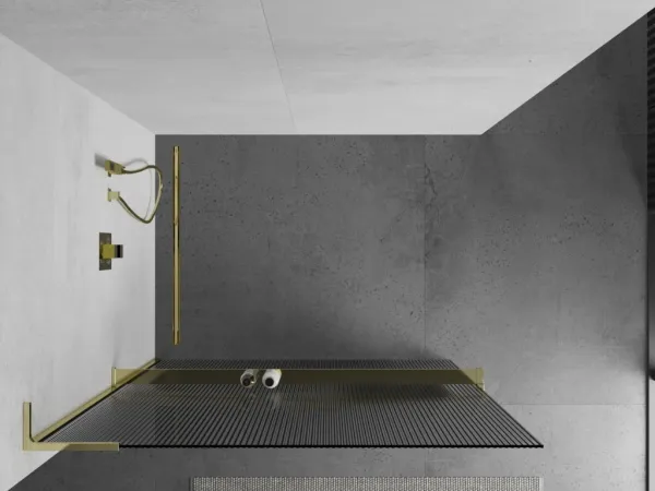 MEXEN/S - Kioto+ L Sprchová zástena WALK-IN s poličkou a držiakom uterákov 110 x 200, prúžky, zlato 800-110-123-50-09