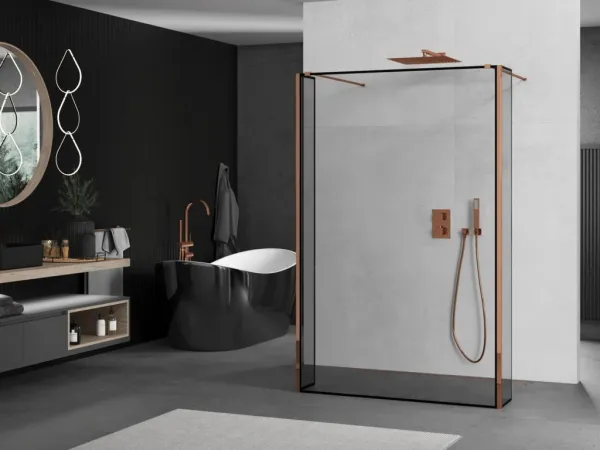 MEXEN/S - Kyoto Sprchová zástena WALK-IN voľne stojaca 110 x 30 x 30, čierna vzor, ružové zlato 800-110-030-222-60-70-030