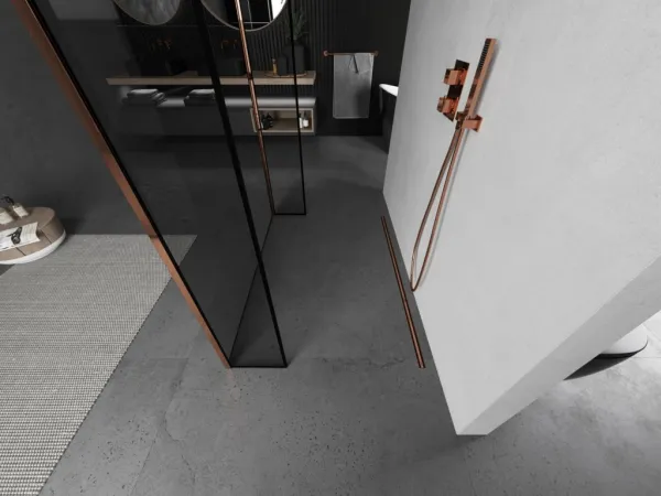 MEXEN/S - Kyoto Sprchová zástena WALK-IN voľne stojaca 110 x 30 x 30, čierna vzor, ružové zlato 800-110-030-222-60-70-030