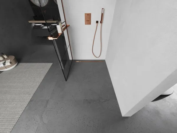 MEXEN/S - KIOTO Sprchová zástena WALK-IN s poličkou a držiakom uterákov 90 x 200, transparent/čierna 8 mm růžové zlato 800-090-121-60-77