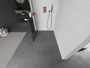 MEXEN/S - KIOTO Sprchová zástena WALK-IN s poličkou a držiakom uterákov 90 x 200, transparent/čierna 8 mm růžové zlato 800-090-121-60-77