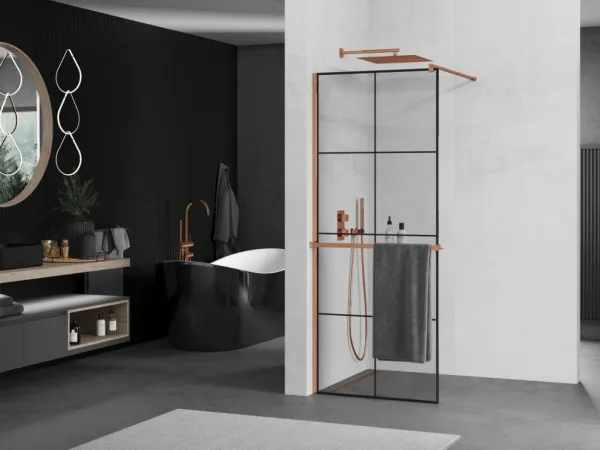 MEXEN/S - KIOTO Sprchová zástena WALK-IN s poličkou a držiakom uterákov 90 x 200, transparent/čierna 8 mm růžové zlato 800-090-121-60-77