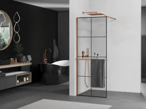 MEXEN/S - KIOTO Sprchová zástena WALK-IN s poličkou a držiakom uterákov 90 x 200, transparent/čierna 8 mm růžové zlato 800-090-121-60-77