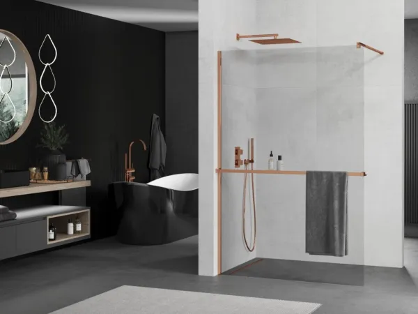 MEXEN/S - Kioto+ Sprchová zástena WALK-IN s poličkou a držiakom uterákov 125 x 200, transparent, ružové zlato 800-125-121-60-00