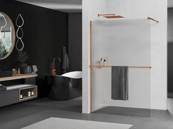 MEXEN/S - Kioto+ Sprchová zástena WALK-IN s poličkou a držiakom uterákov 100 x 200, prúžky 8 mm, růžové zlato 800-100-121-60-09