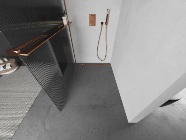 MEXEN/S - Kioto+ Sprchová zástena WALK-IN s poličkou a držiakom uterákov 100 x 200, prúžky 8 mm, růžové zlato 800-100-121-60-09