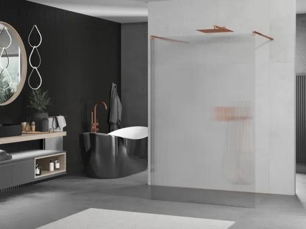 MEXEN/S - Kioto Sprchová zástena WALK-IN voľne stojaca 100 x 200, prúžky 8 mm, růžové zlato 800-100-002-60-09