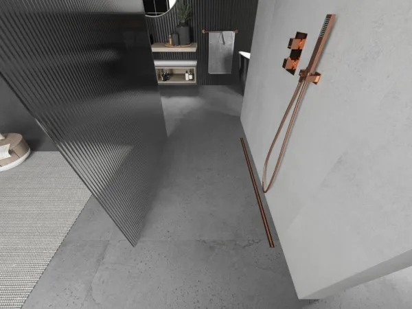 MEXEN/S - Kioto Sprchová zástena WALK-IN voľne stojaca 100 x 200, prúžky 8 mm, růžové zlato 800-100-002-60-09
