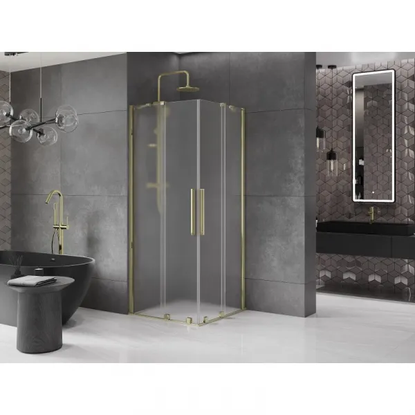 MEXEN/S - Velar Duo sprchovací kút, posuvné dvere 80 x 80, dekor, zlato 871-080-080-32-50